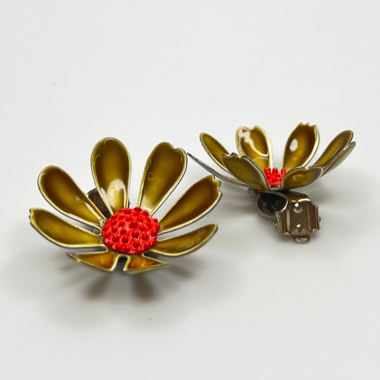 Retro flower clip-on earrings in mod enamel colors