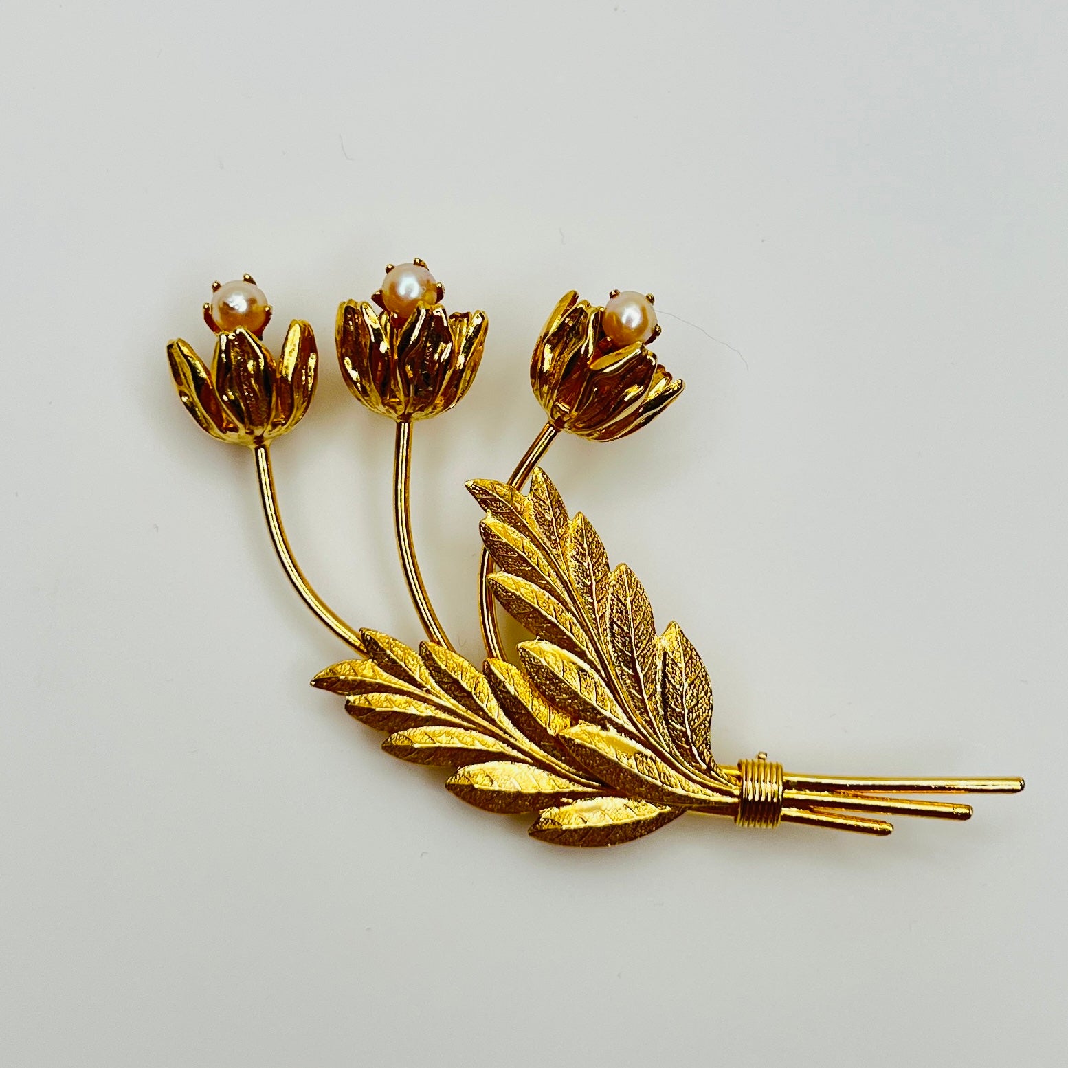 Mid century gold floral spray brooch with cultured pearls