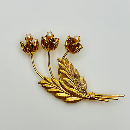 Mid century gold floral spray brooch with cultured pearls