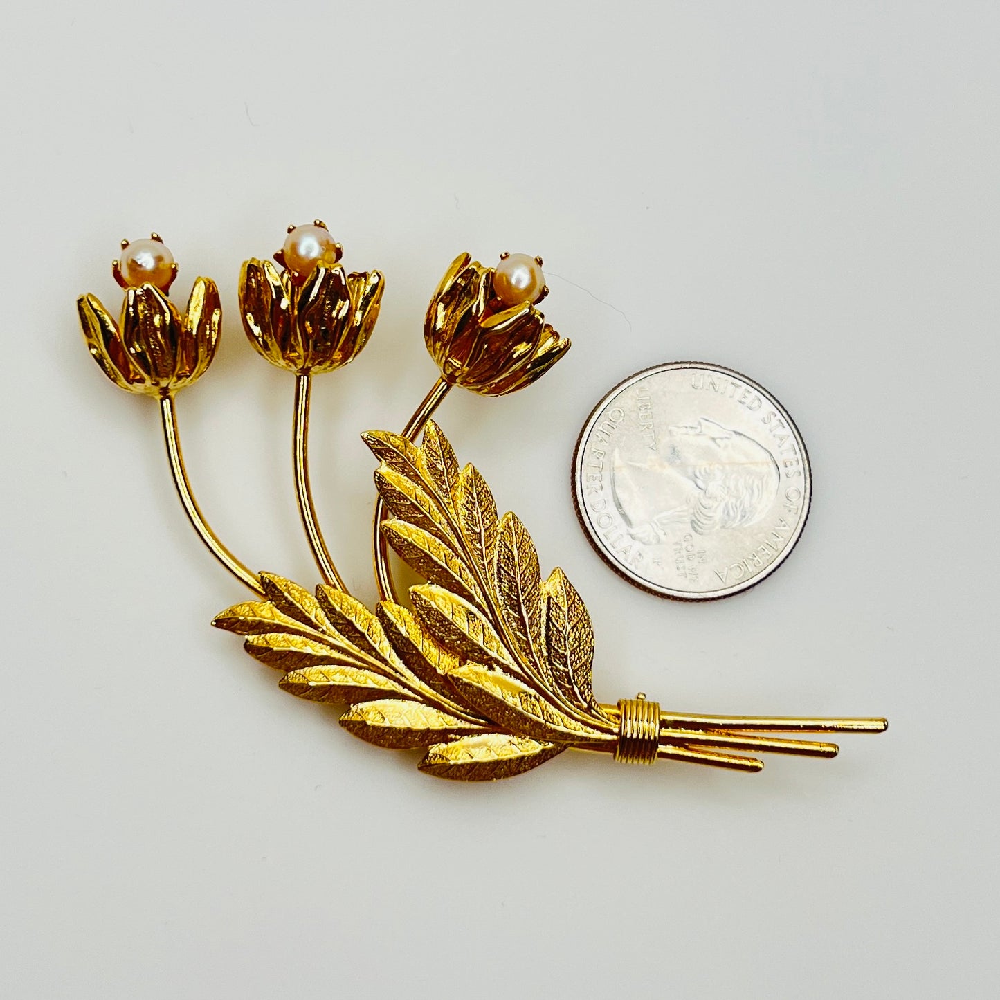 Mid century gold floral spray brooch with cultured pearls