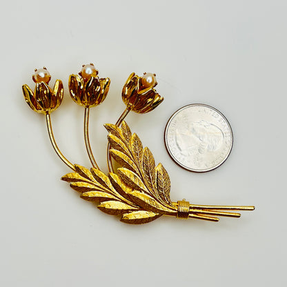 Mid century gold floral spray brooch with cultured pearls