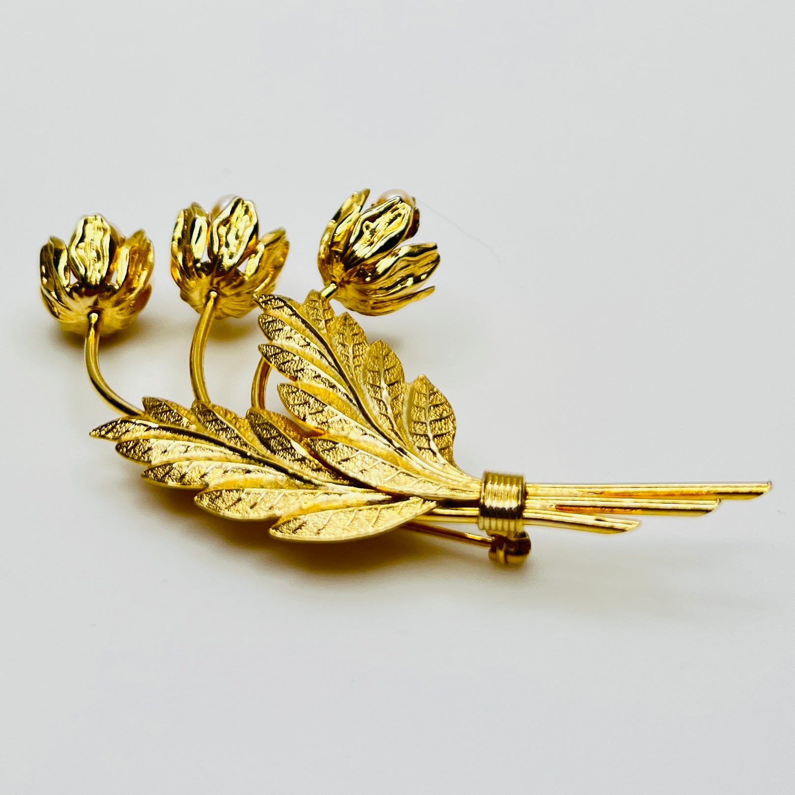 Mid century gold floral spray brooch with cultured pearls