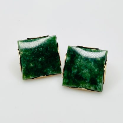 Vintage 1960s green jade square clip on earrings