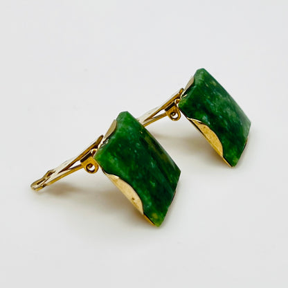 Vintage 1960s green jade square clip on earrings