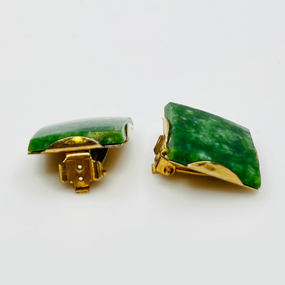 Mid century jade square earrings with gold tone frame