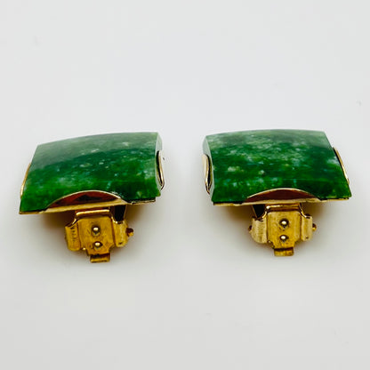 Mid century jade square earrings with gold tone frame