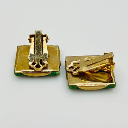 1960s green jade clip earrings 3/4 inch square