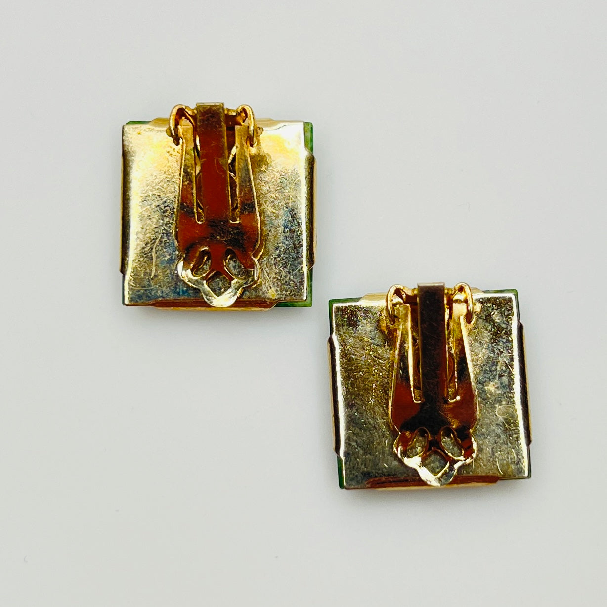 1960s green jade clip earrings 3/4 inch square