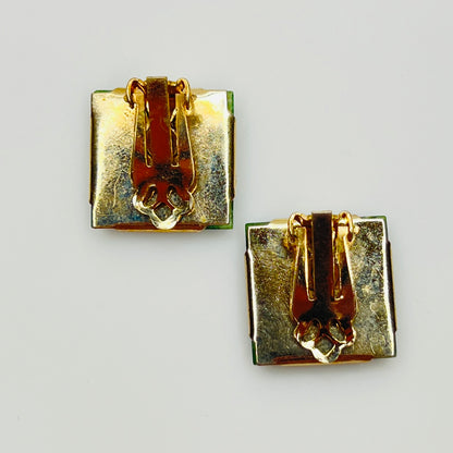 1960s green jade clip earrings 3/4 inch square