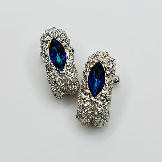 Vintage silver tone cufflinks with blue green crystal navette stones