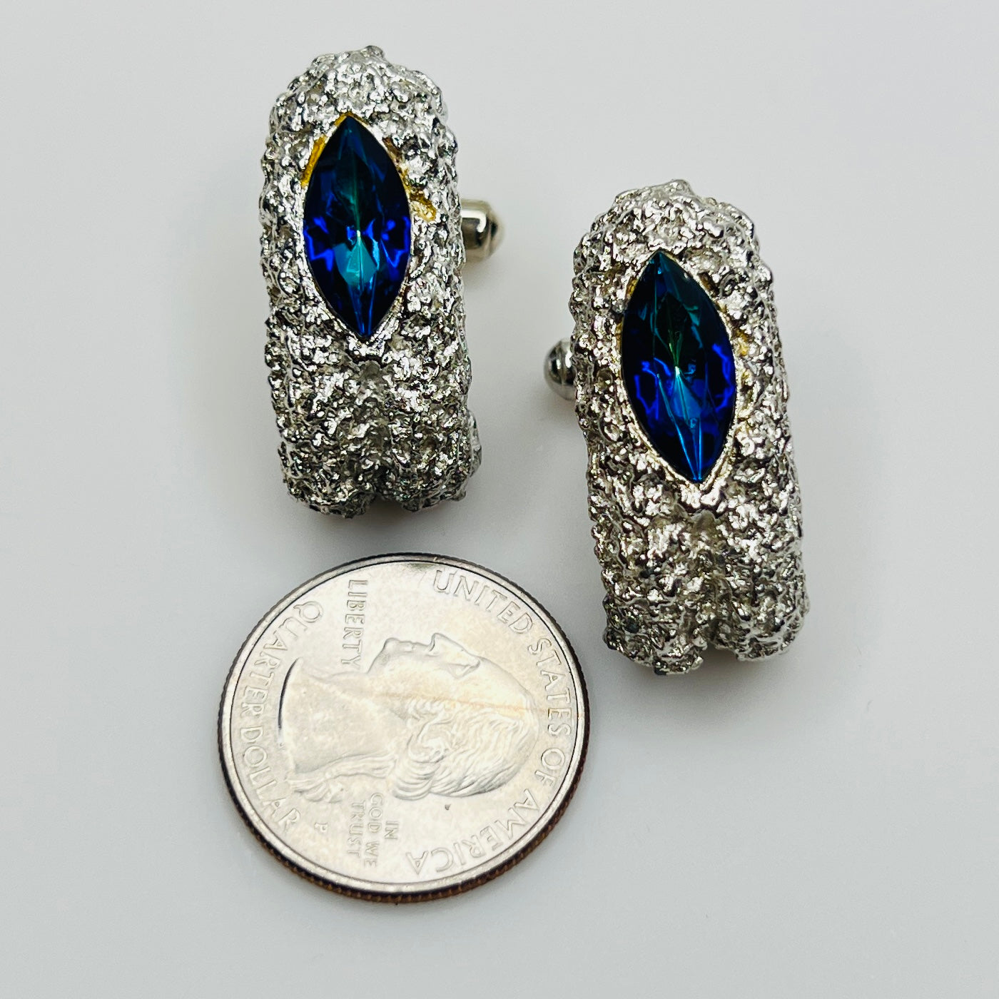 Mid century cufflinks with blue crystal and textured silver setting