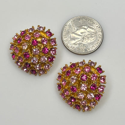 Vintage gold-tone brooch and clip-on earrings with pink rhinestones, mid-century jewelry set