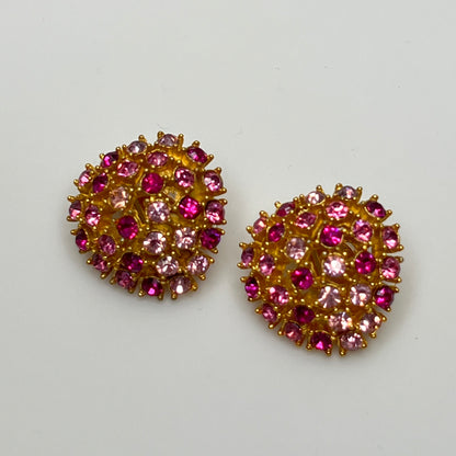 Vintage gold-tone brooch and clip-on earrings with pink rhinestones, mid-century jewelry set