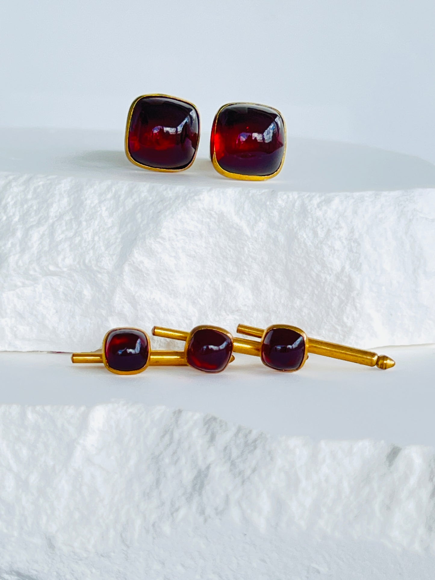 Art Deco estate cufflinks and button studs with square red lucite cabochons