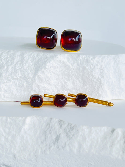 Art Deco estate cufflinks and button studs with square red lucite cabochons