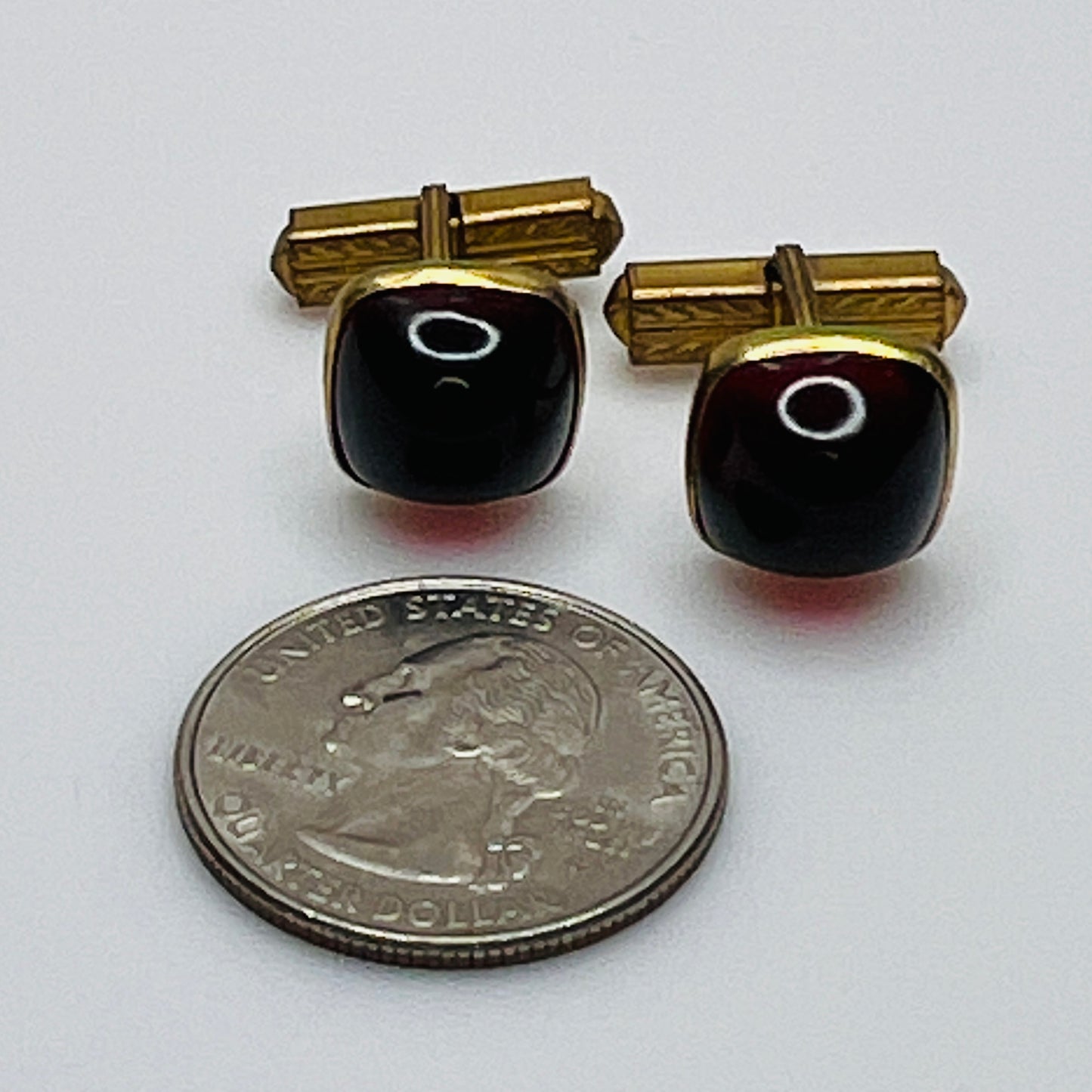 1940s ruby red lucite cufflinks in brass