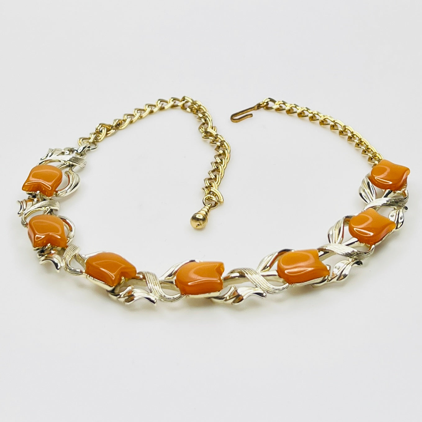 Vintage orange lucite tulip necklace with gold tone chain