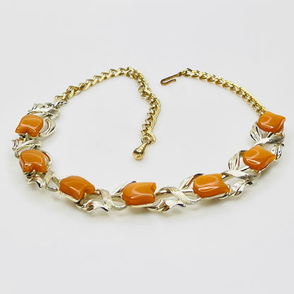 Vintage orange lucite tulip necklace with gold tone chain