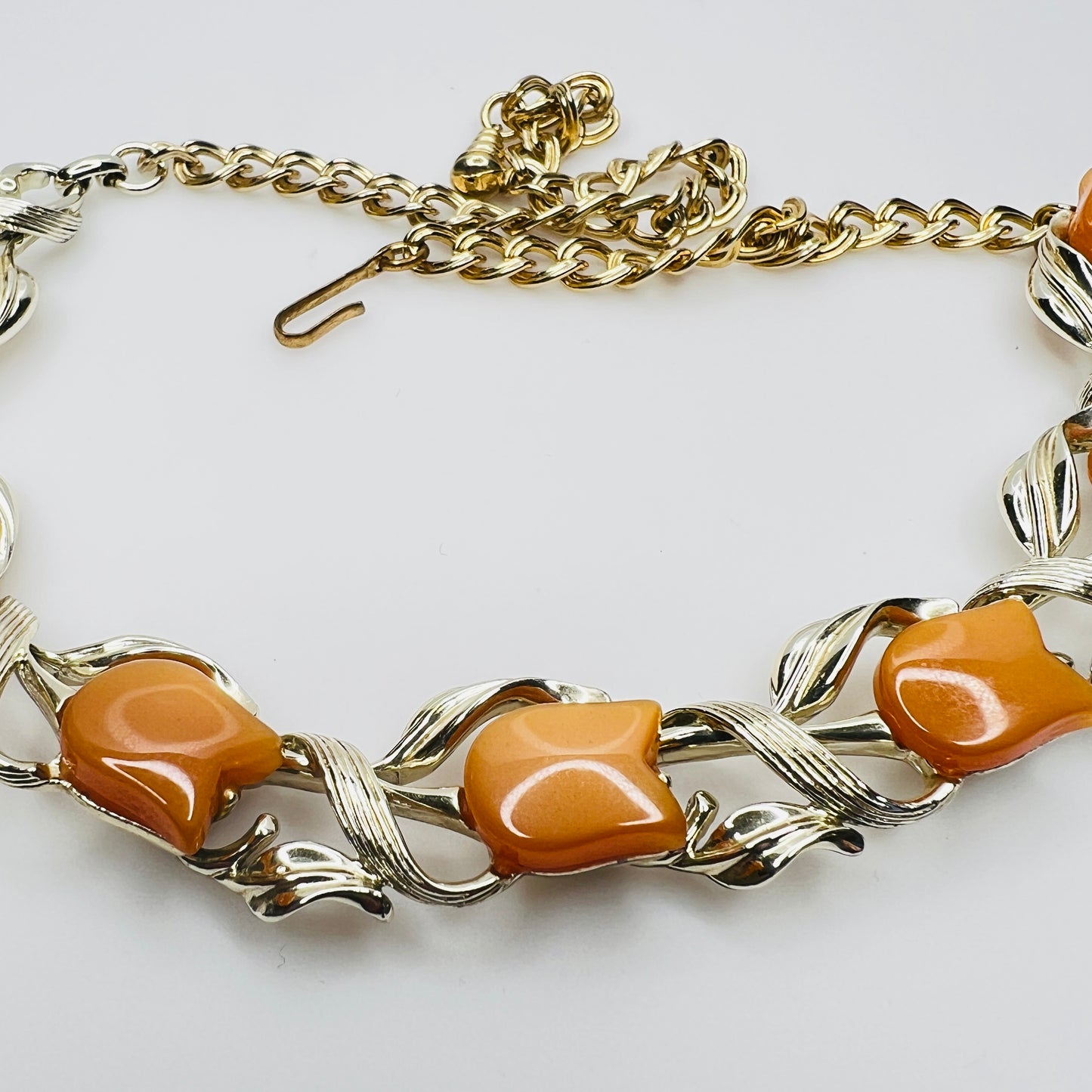 Vintage orange lucite tulip necklace with gold tone chain