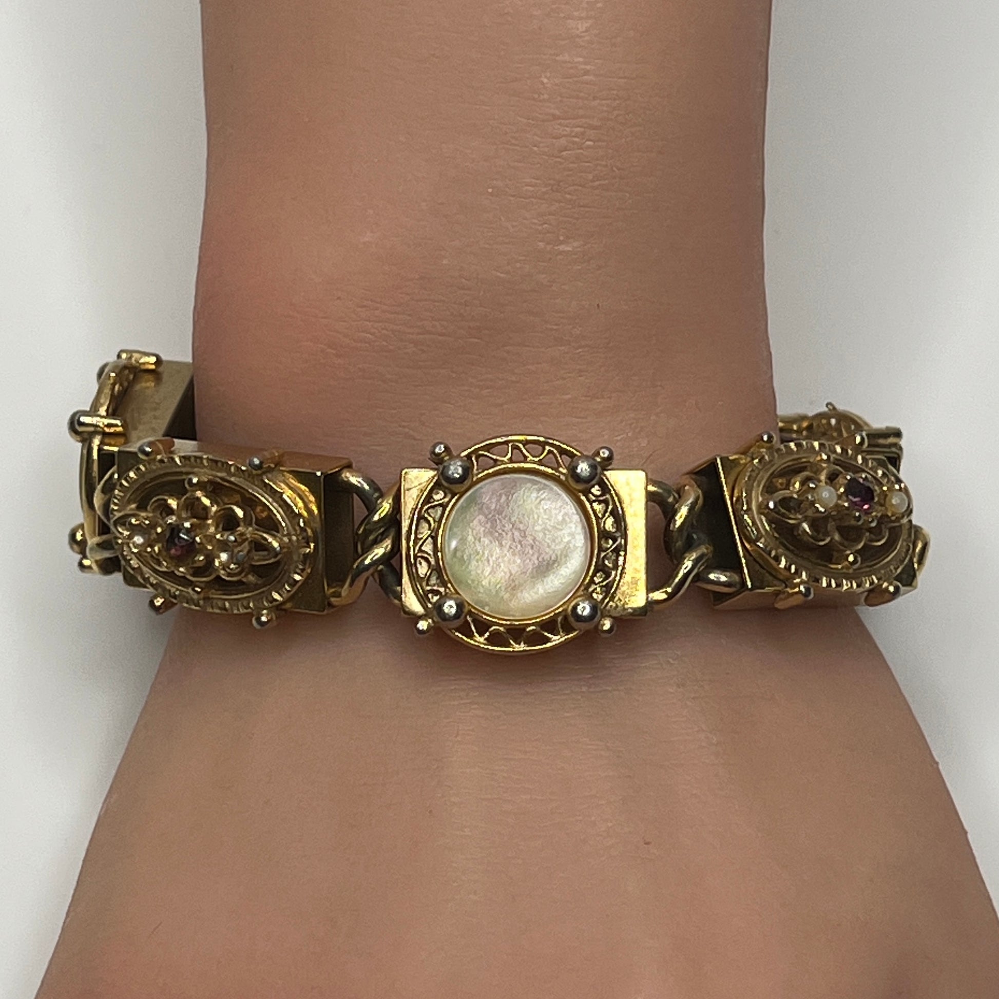 Gold Victorian revival panel bracelet with mother-of-pearl and faux pearls