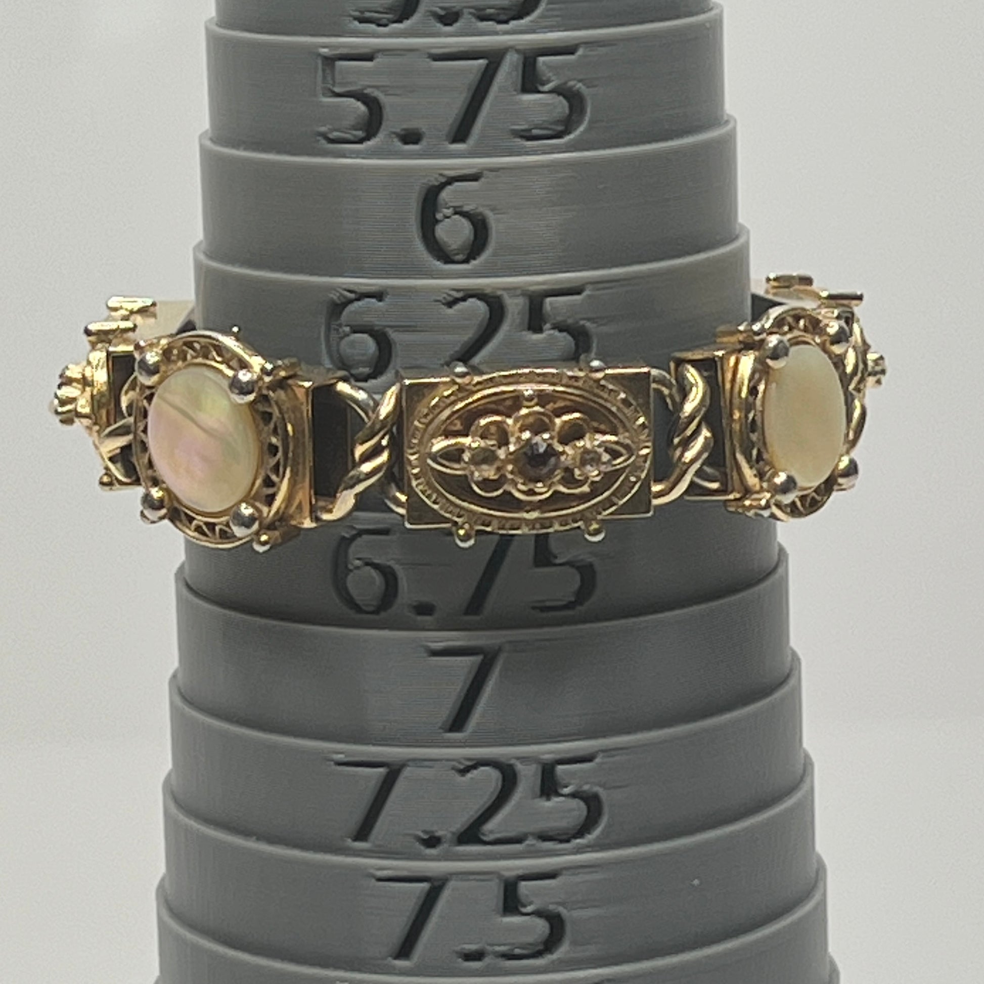 Gold Victorian revival panel bracelet with mother-of-pearl and faux pearls