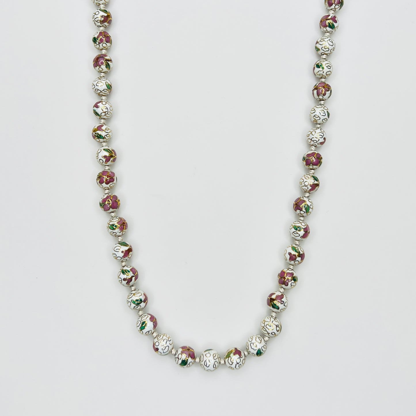 Long cloisonné enamel bead necklace with floral design