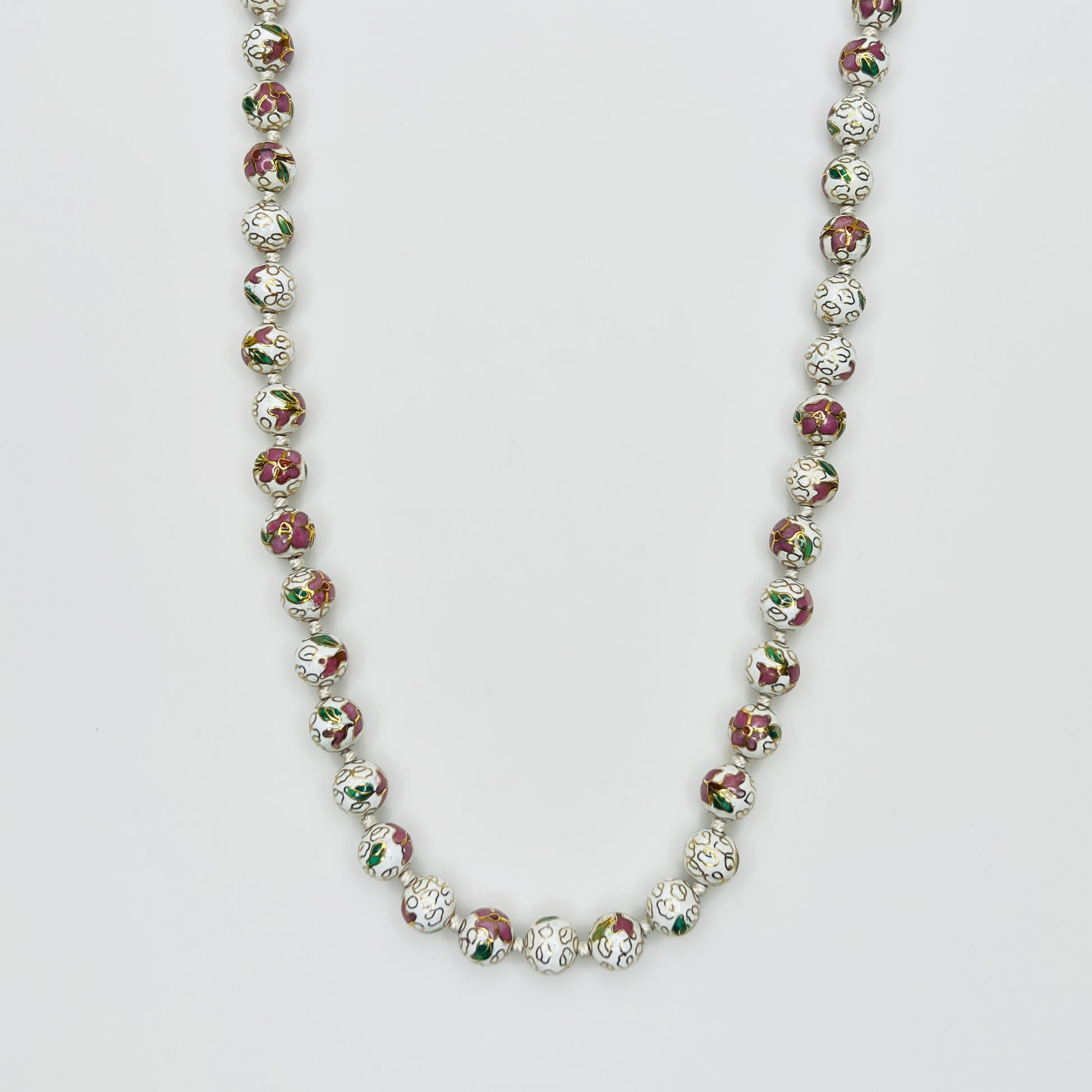 Long cloisonné enamel bead necklace with floral design
