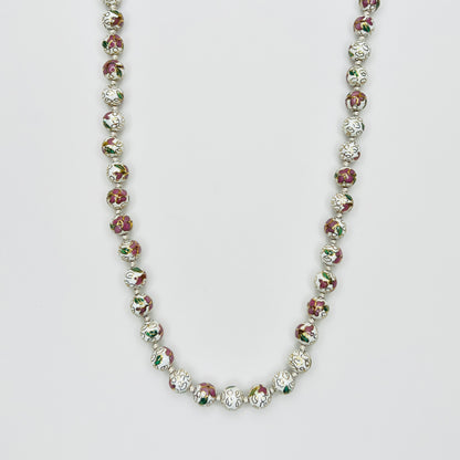 Long cloisonné enamel bead necklace with floral design