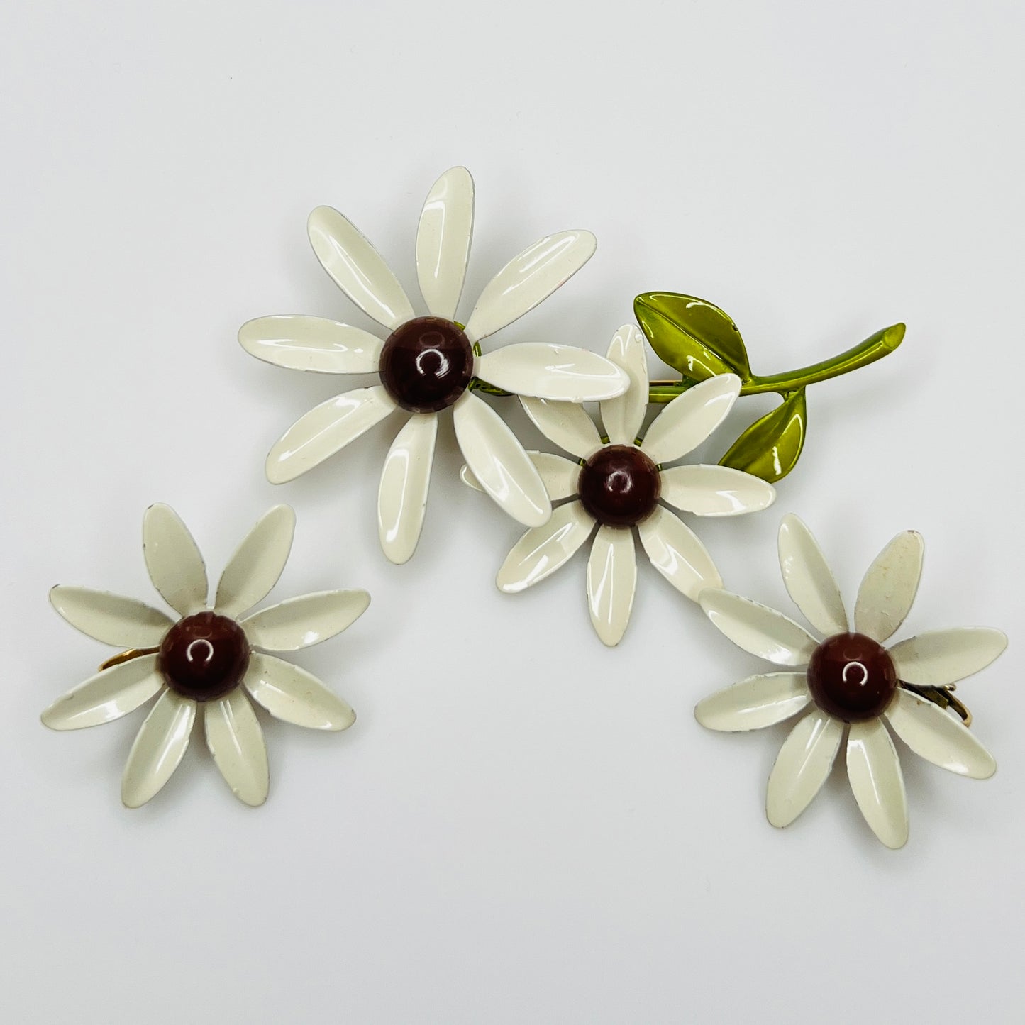 Vintage enamel daisy brooch and earring set in white and brown