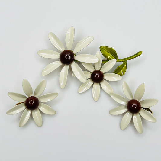 Vintage enamel daisy brooch and earring set in white and brown