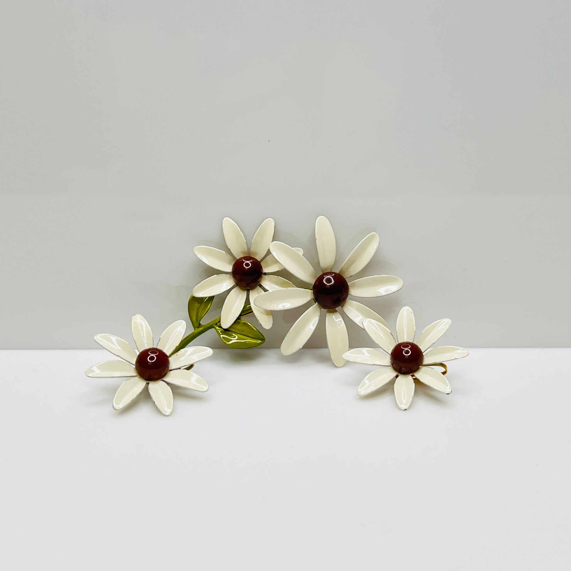 Vintage enamel daisy brooch and earring set in white and brown