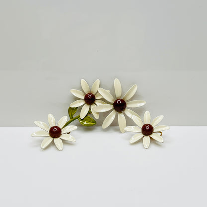 Vintage enamel daisy brooch and earring set in white and brown