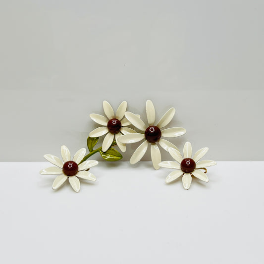 Vintage enamel daisy brooch and earring set in white and brown