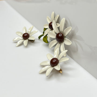 Vintage enamel daisy brooch and earring set in white and brown
