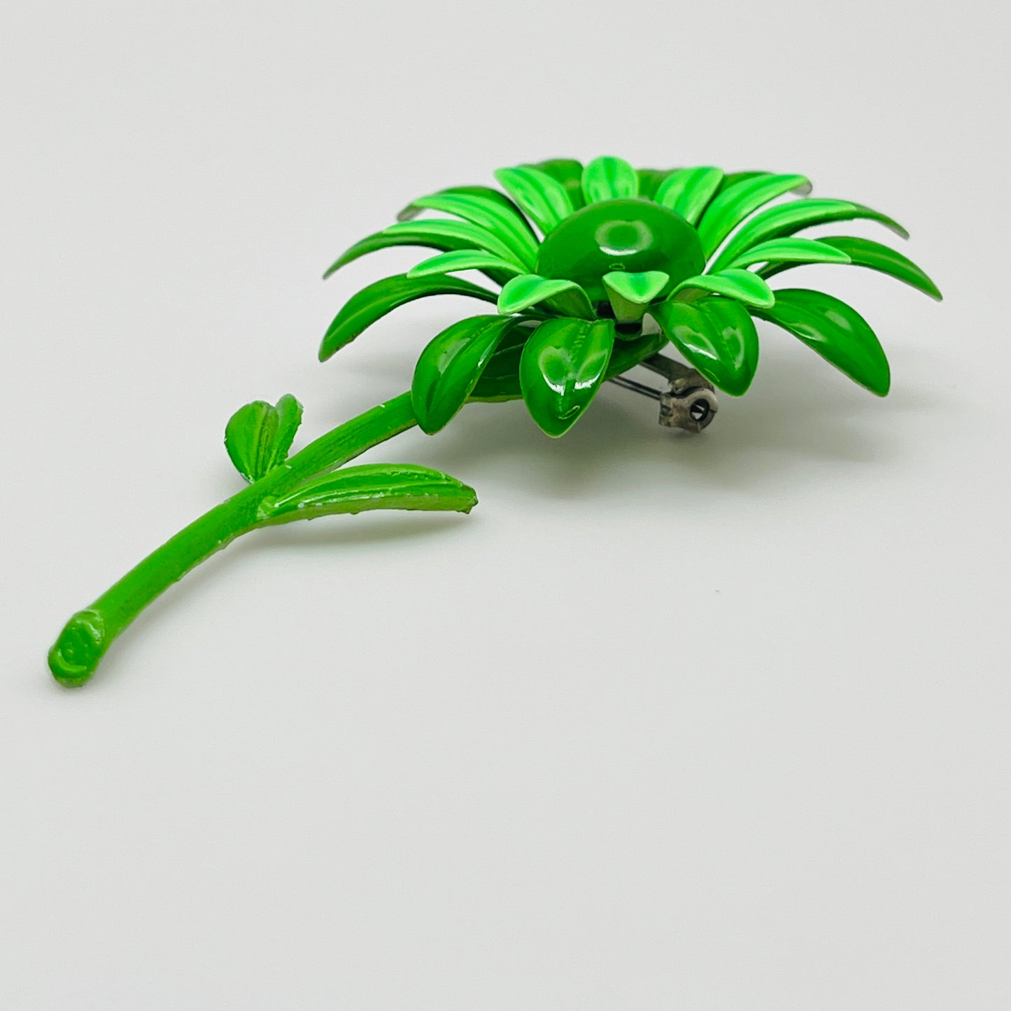 Vintage lime and kelly green enamel daisy pin, retro statement jewelry
