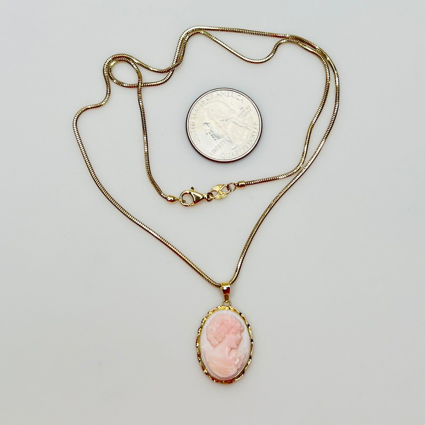 Close-up of oval pink cameo in 14K gold frame