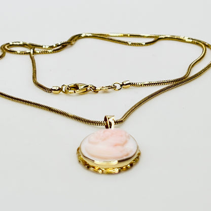 Close-up of oval pink cameo in 14K gold frame