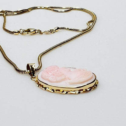 Vintage 14K gold cameo necklace with pink shell portrait pendant