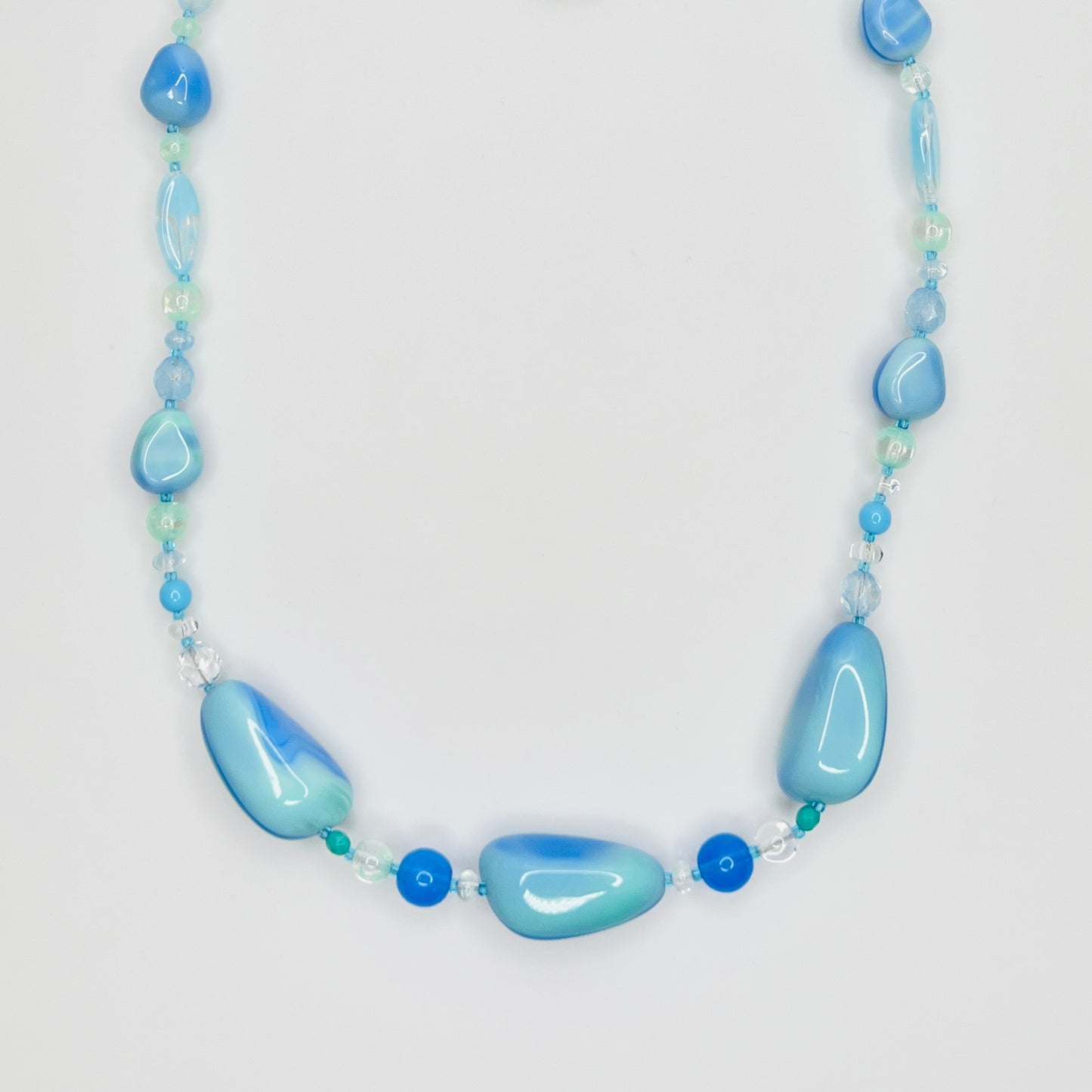 Long blue and green 1980s art glass necklace with organic beads
