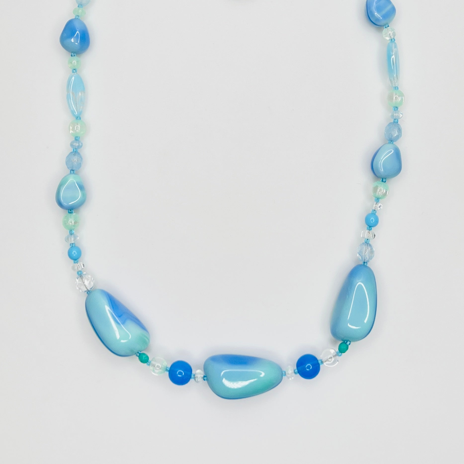 Long blue and green 1980s art glass necklace with organic beads