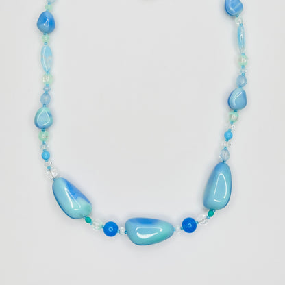 Long blue and green 1980s art glass necklace with organic beads