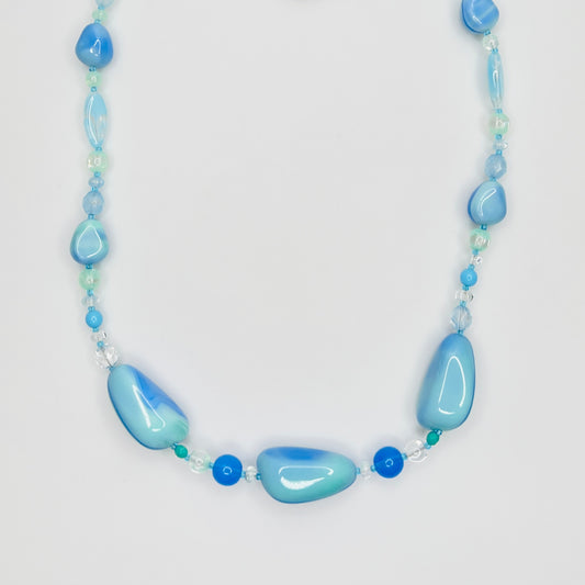 Long blue and green 1980s art glass necklace with organic beads