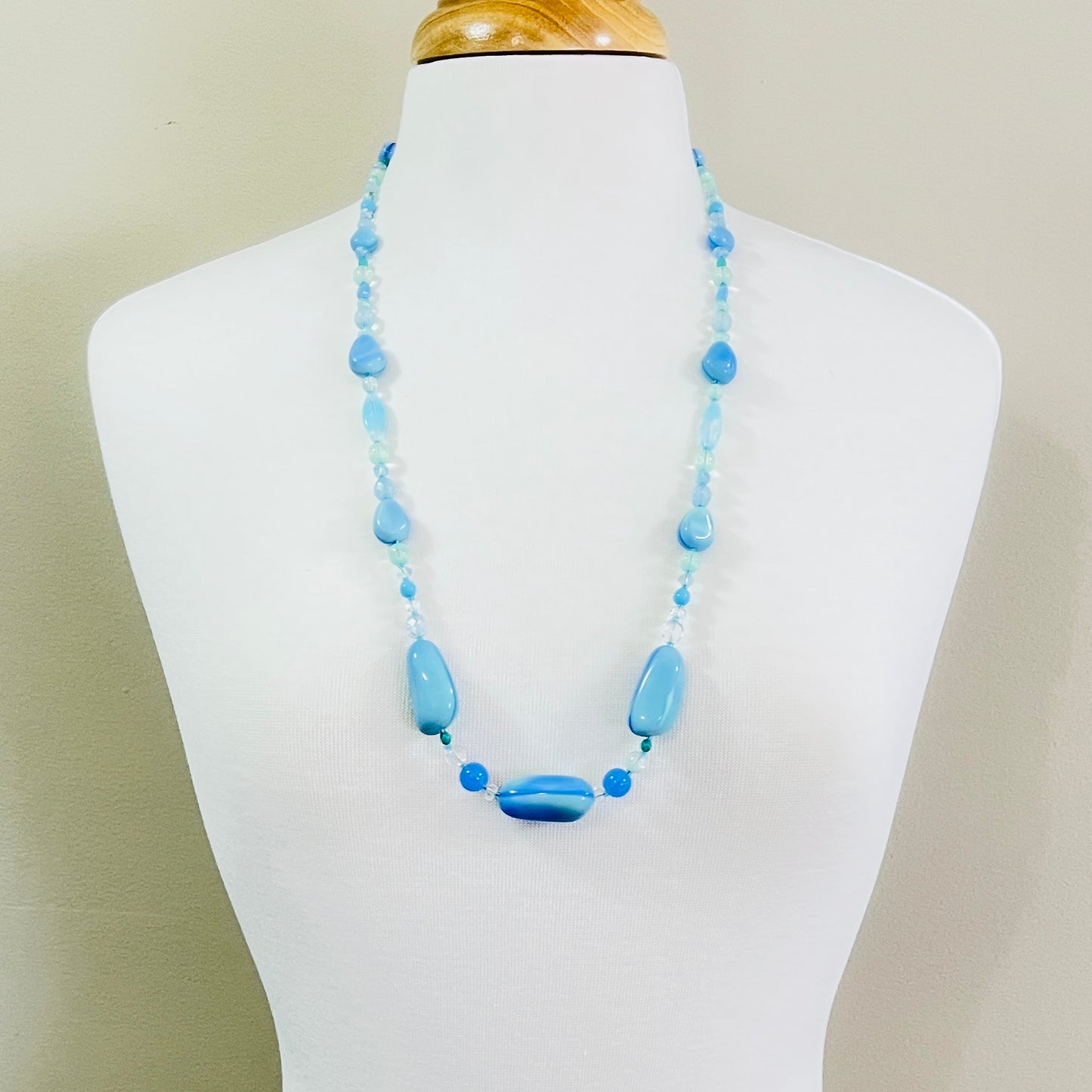 Long blue and green 1980s art glass necklace with organic beads