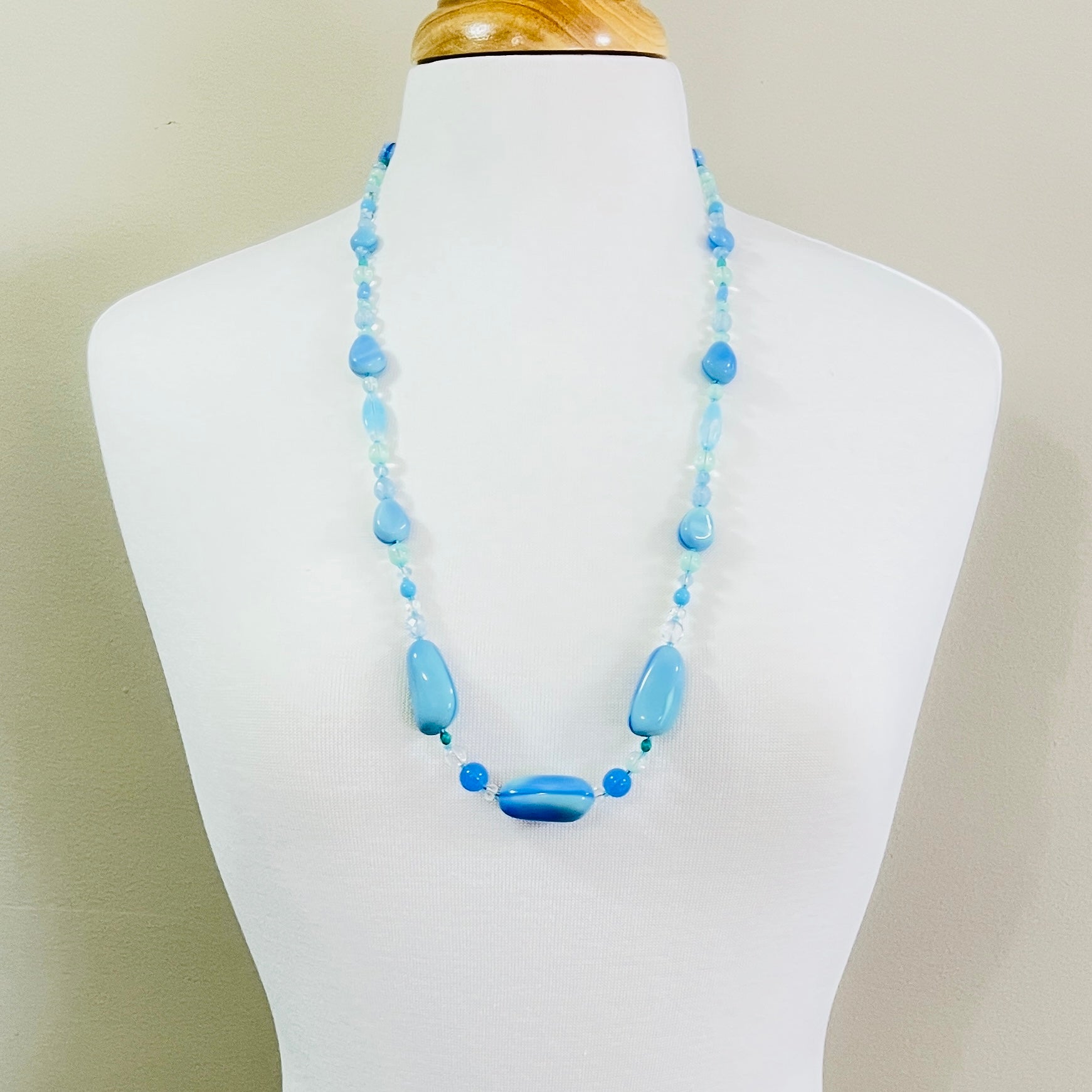 Long blue and green 1980s art glass necklace with organic beads
