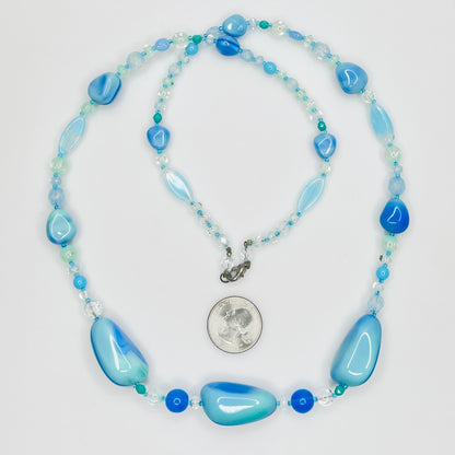 Long blue and green 1980s art glass necklace with organic beads
