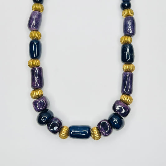 Chunky 1980s ceramic bead necklace in navy and purple with gold tone spacers