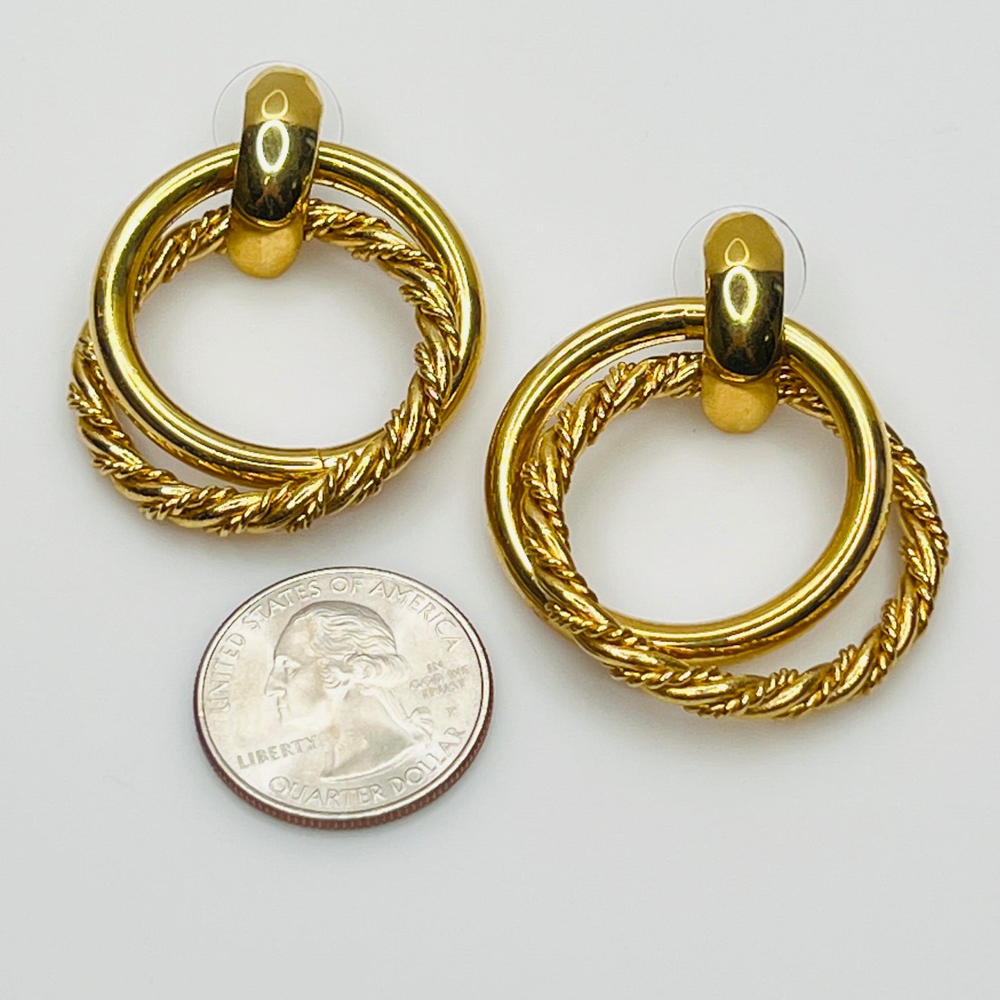 Gold Tone Double Hoop Earrings – 1980s Door Knocker Style – Twisted Rope Detail