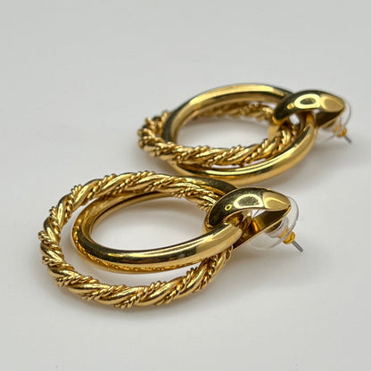 Gold Tone Double Hoop Earrings – 1980s Door Knocker Style – Twisted Rope Detail