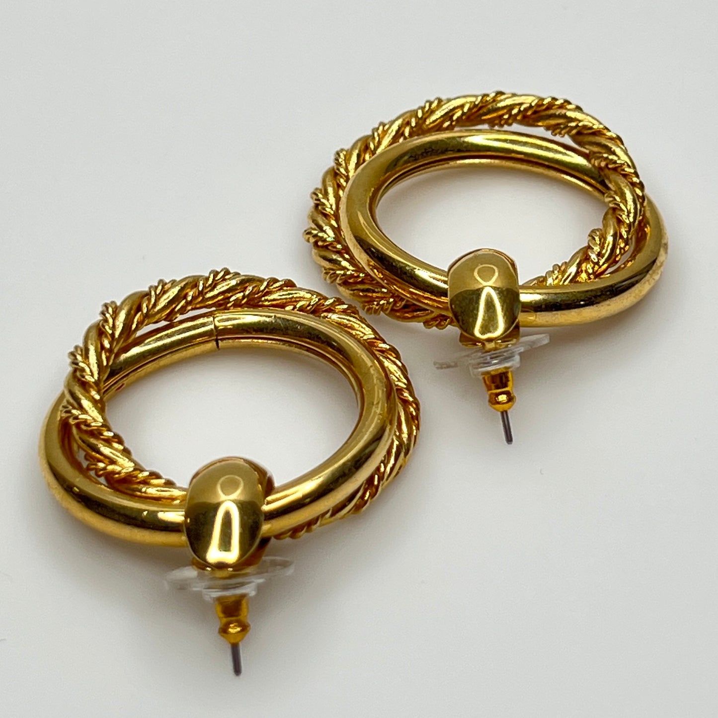 Gold Tone Double Hoop Earrings – 1980s Door Knocker Style – Twisted Rope Detail