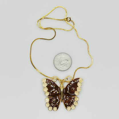 1980s brown enamel butterfly pendant necklace on gold tone chain